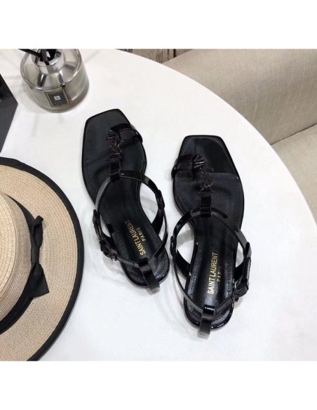Cheap Reps Saint Laurent Cassandra Flat Sandals In Black Patent Leather