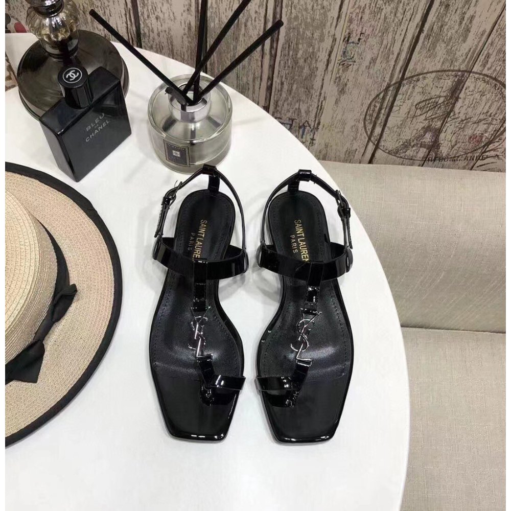Cheap Reps Saint Laurent Cassandra Flat Sandals In Black Patent Leather