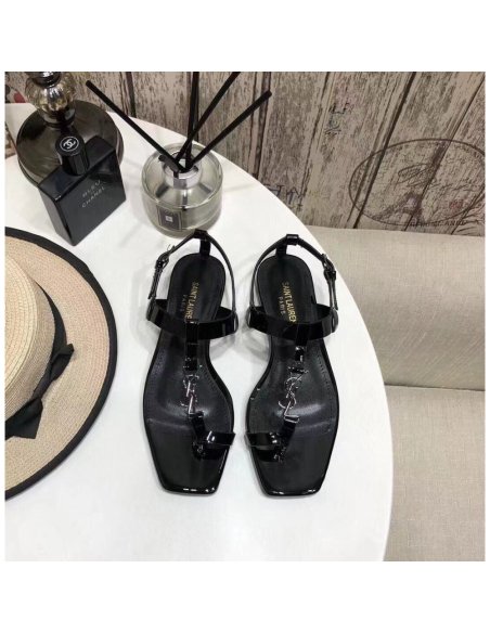Cheap Reps Saint Laurent Cassandra Flat Sandals In Black Patent Leather