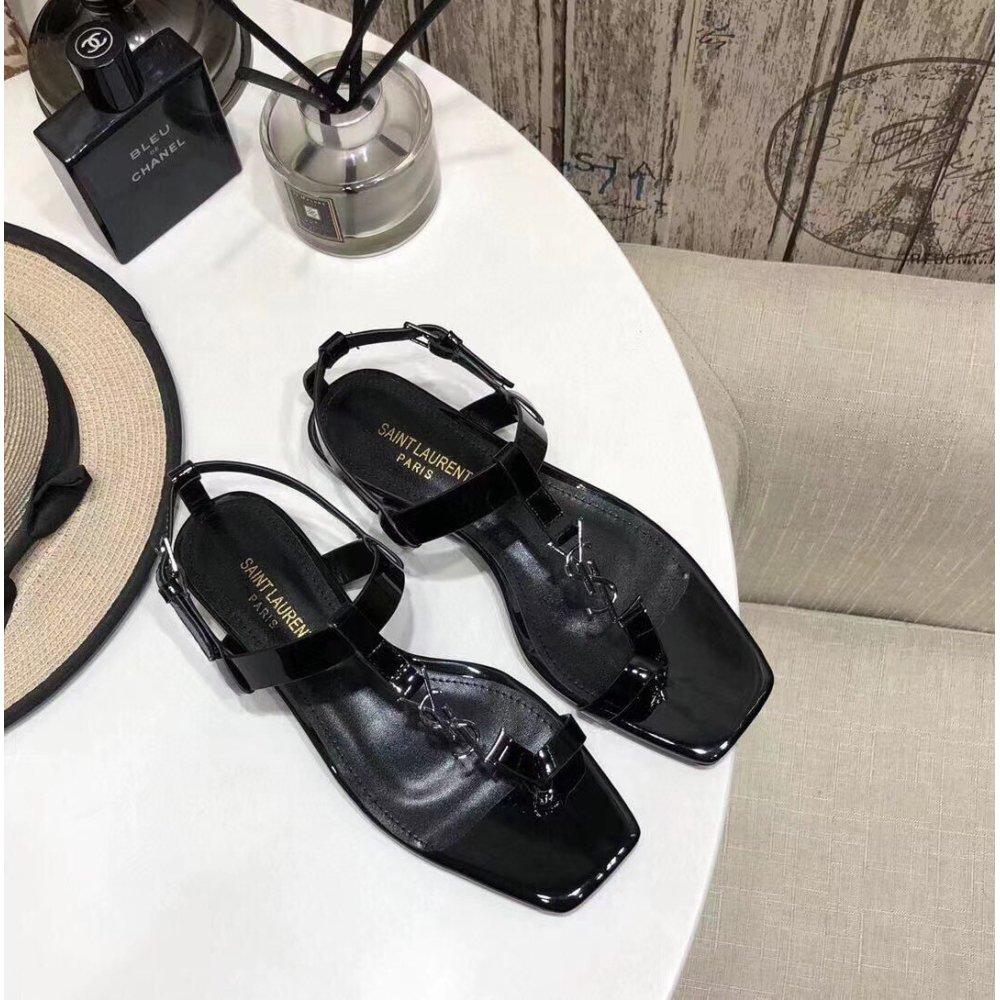 Cheap Reps Saint Laurent Cassandra Flat Sandals In Black Patent Leather