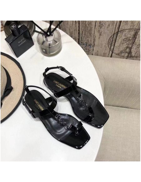 Cheap Reps Saint Laurent Cassandra Flat Sandals In Black Patent Leather