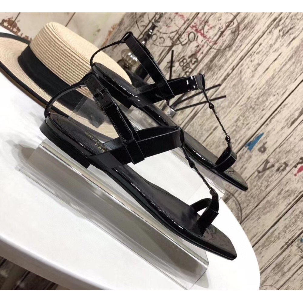 Cheap Reps Saint Laurent Cassandra Flat Sandals In Black Patent Leather