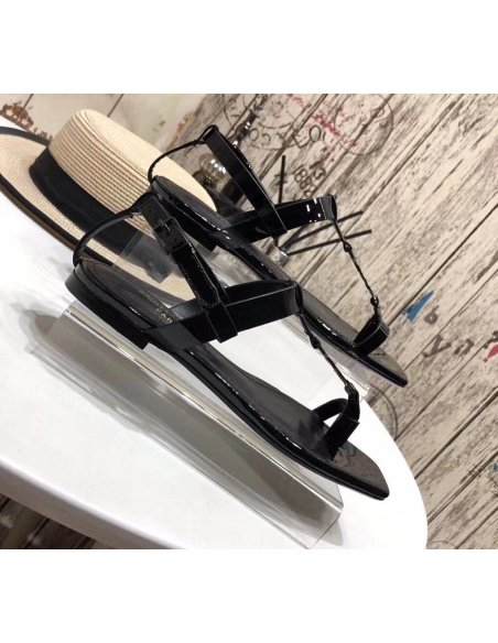 Cheap Reps Saint Laurent Cassandra Flat Sandals In Black Patent Leather