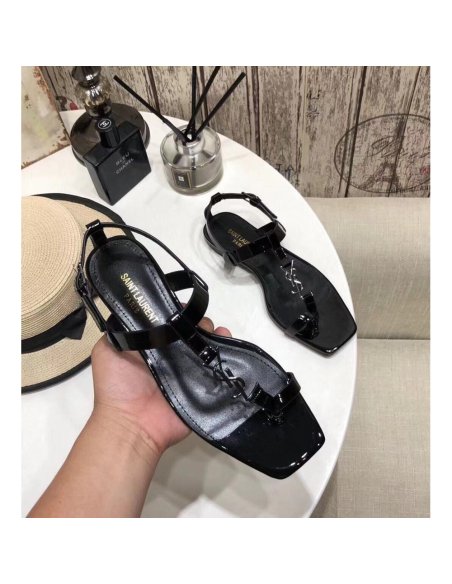 Cheap Reps Saint Laurent Cassandra Flat Sandals In Black Patent Leather