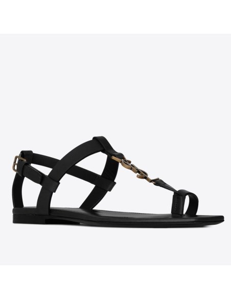 Cheap Reps Saint Laurent Cassandra Flat Sandals In Black Calfskin