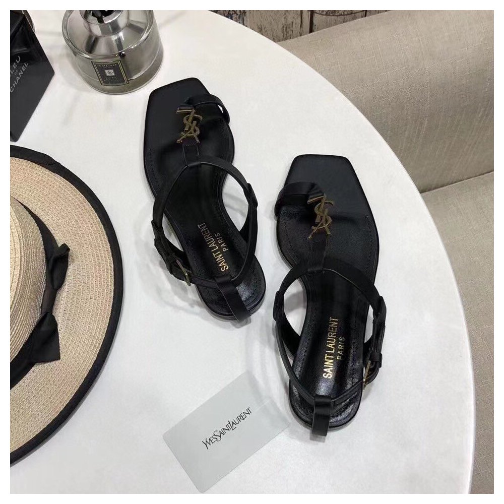 Cheap Reps Saint Laurent Cassandra Flat Sandals In Black Calfskin