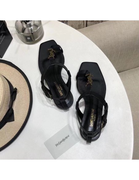 Cheap Reps Saint Laurent Cassandra Flat Sandals In Black Calfskin
