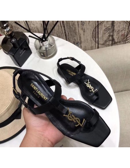 Cheap Reps Saint Laurent Cassandra Flat Sandals In Black Calfskin