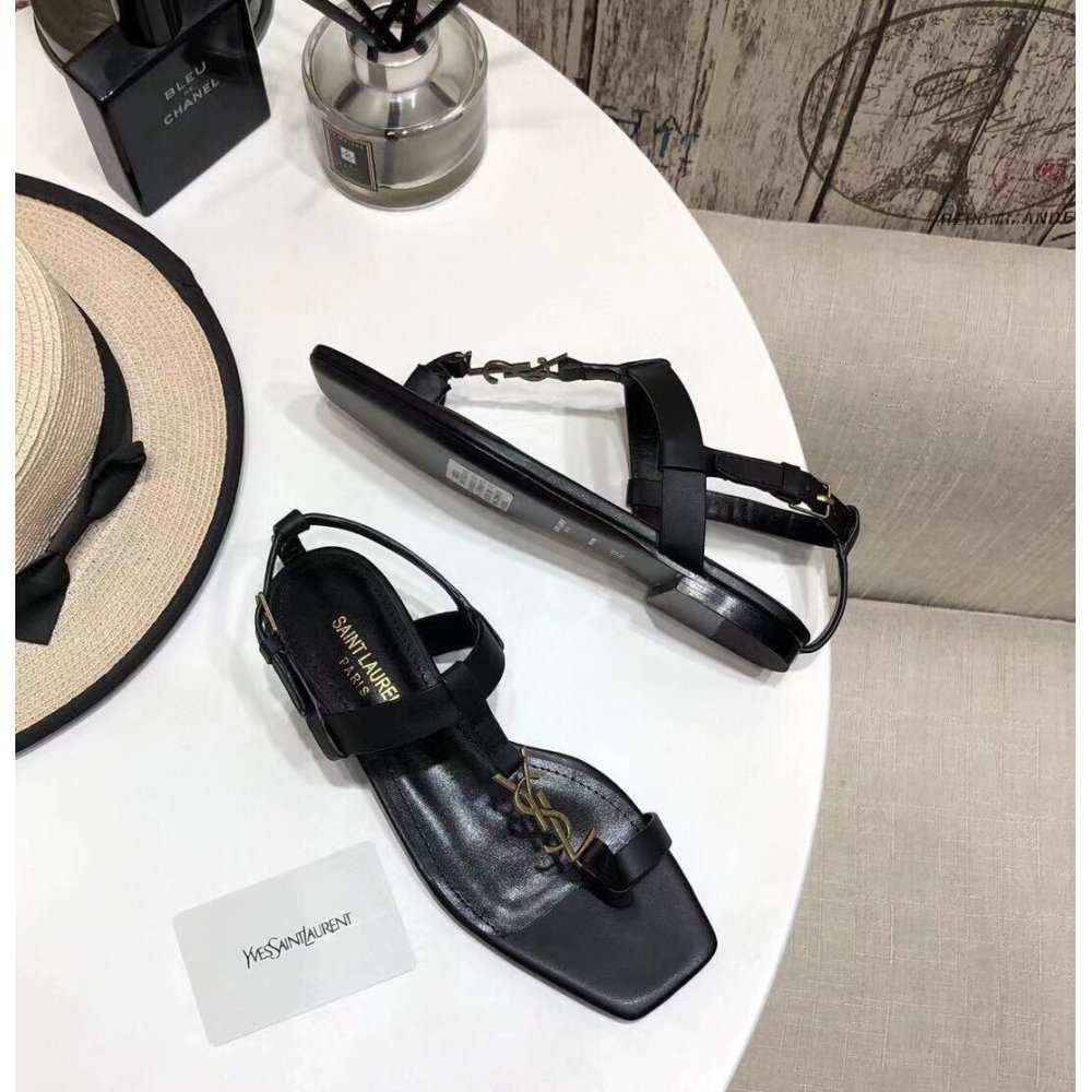 Cheap Reps Saint Laurent Cassandra Flat Sandals In Black Calfskin