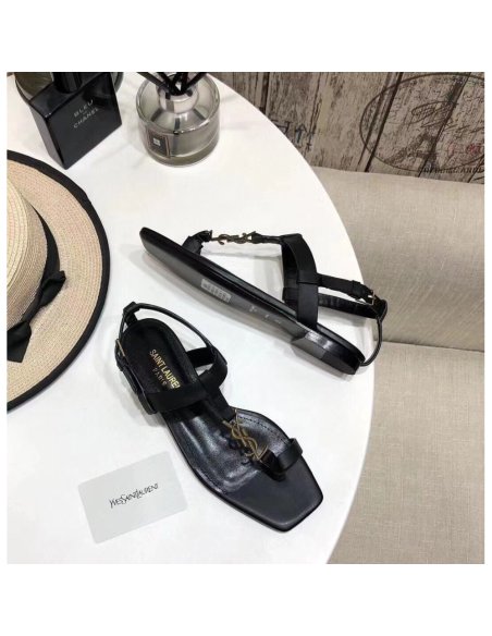 Cheap Reps Saint Laurent Cassandra Flat Sandals In Black Calfskin