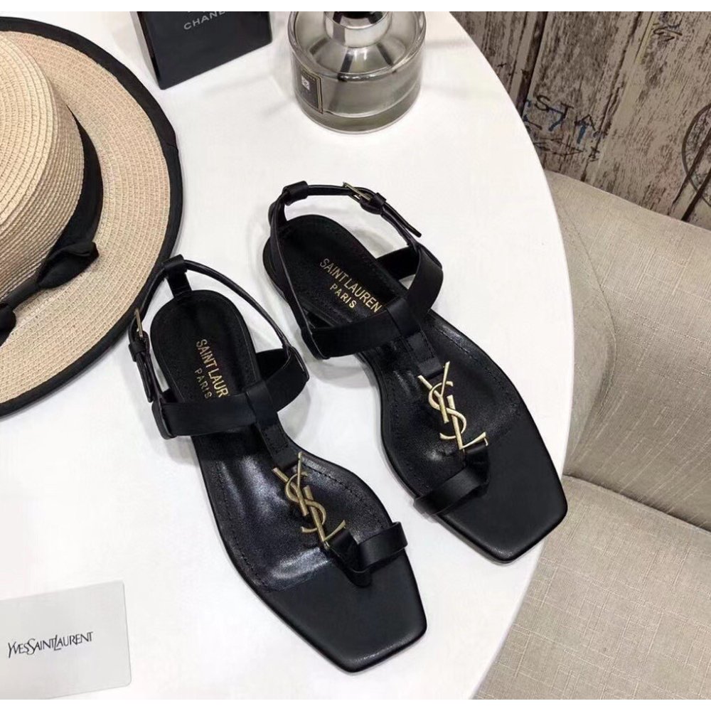 Cheap Reps Saint Laurent Cassandra Flat Sandals In Black Calfskin
