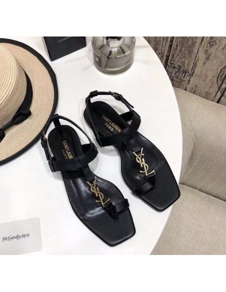 Cheap Reps Saint Laurent Cassandra Flat Sandals In Black Calfskin