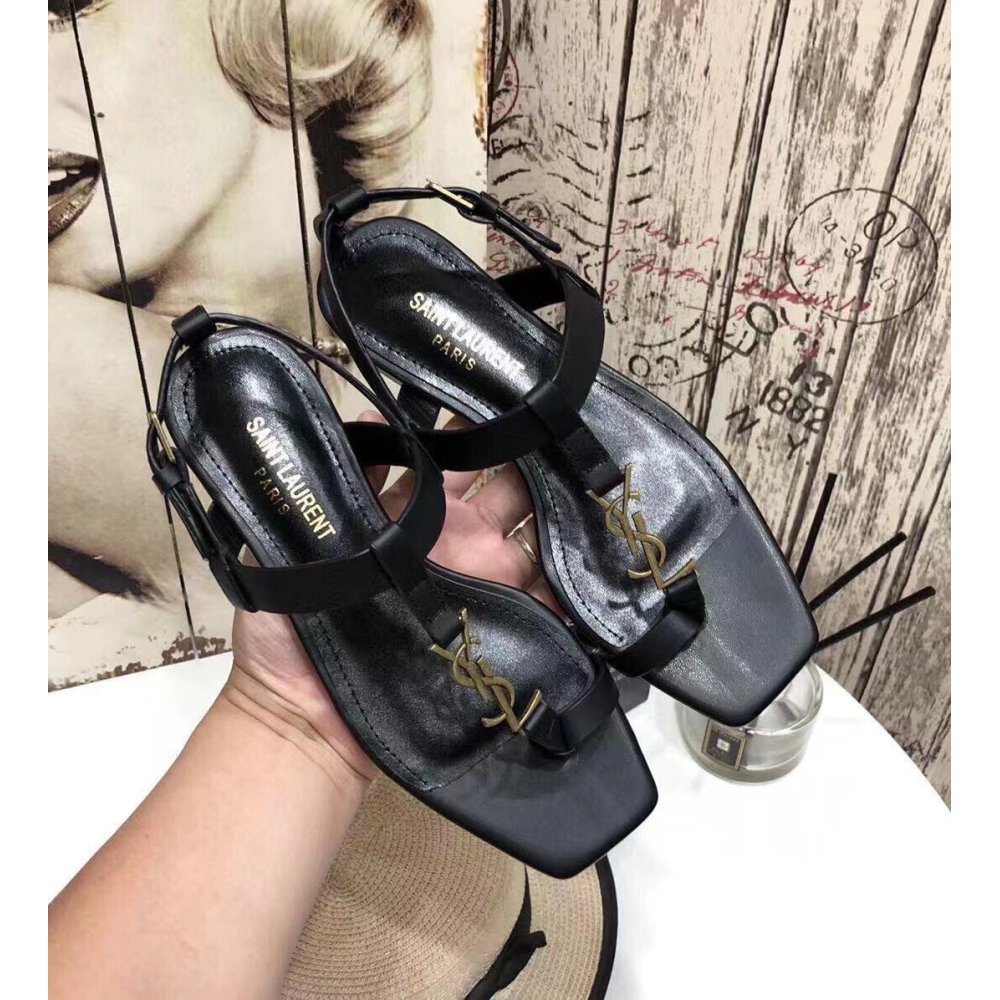 Cheap Reps Saint Laurent Cassandra Flat Sandals In Black Calfskin