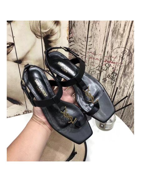 Cheap Reps Saint Laurent Cassandra Flat Sandals In Black Calfskin