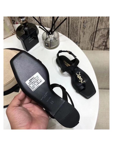 Cheap Reps Saint Laurent Cassandra Flat Sandals In Black Calfskin