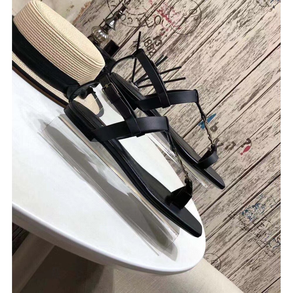 Cheap Reps Saint Laurent Cassandra Flat Sandals In Black Calfskin
