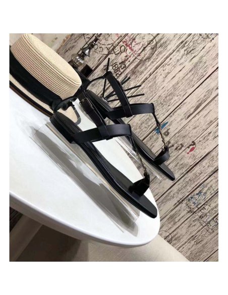 Cheap Reps Saint Laurent Cassandra Flat Sandals In Black Calfskin