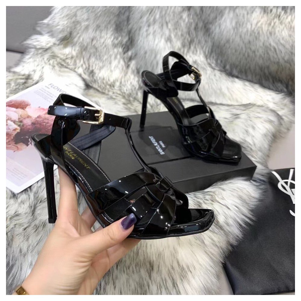 Cheap Reps Saint Laurent Tribute Sandals 105 In Black Patent Leather