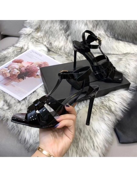 Cheap Reps Saint Laurent Tribute Sandals 105 In Black Patent Leather