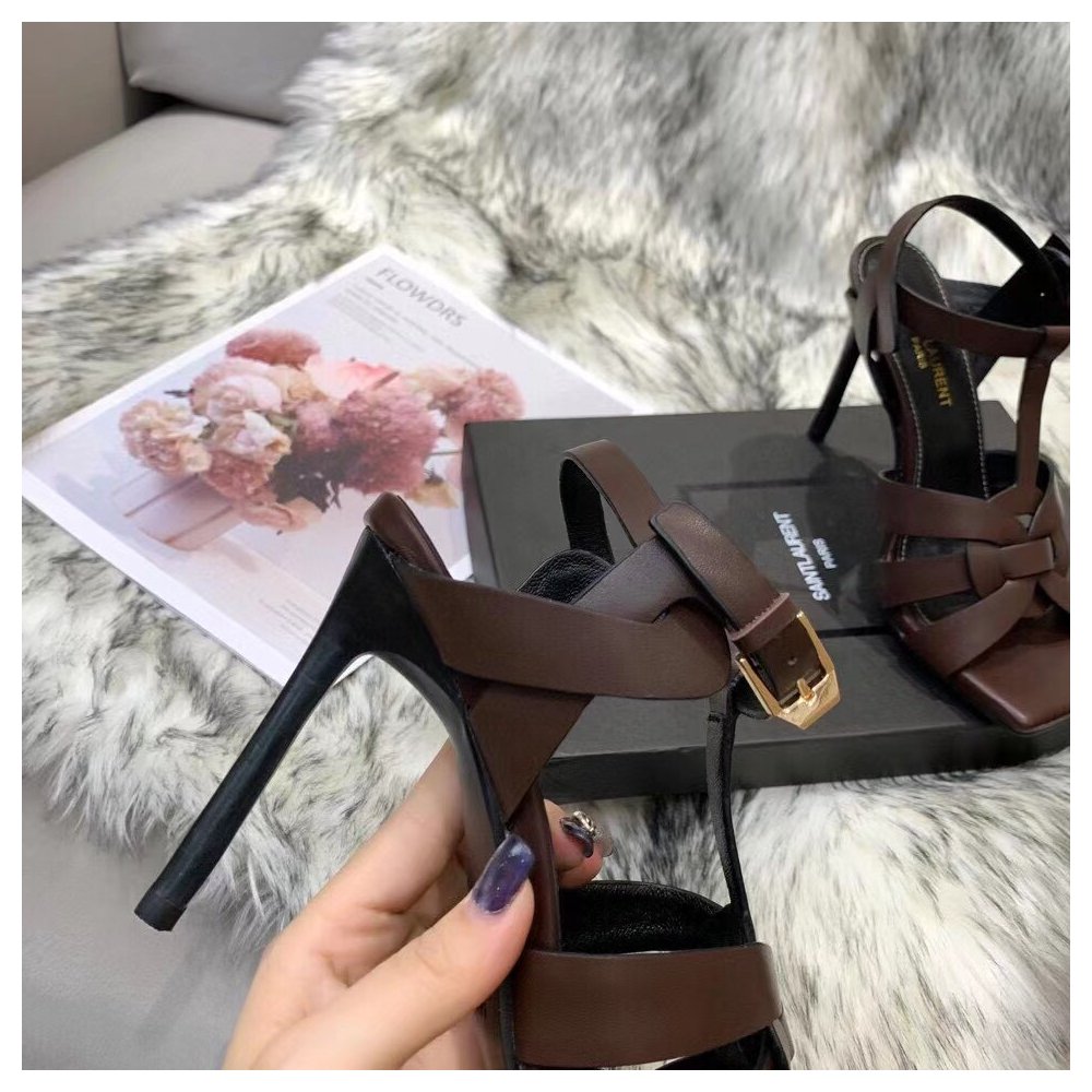 Cheap Reps Saint Laurent Tribute Sandals 105 In Dark Brown Calfskin