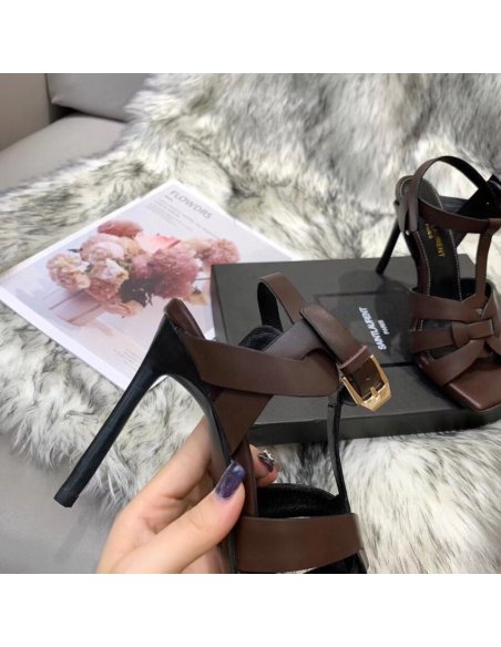 Cheap Reps Saint Laurent Tribute Sandals 105 In Dark Brown Calfskin