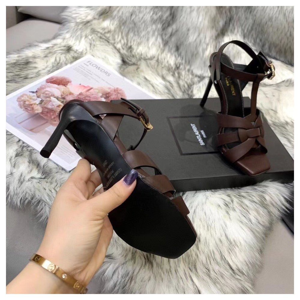 Cheap Reps Saint Laurent Tribute Sandals 105 In Dark Brown Calfskin