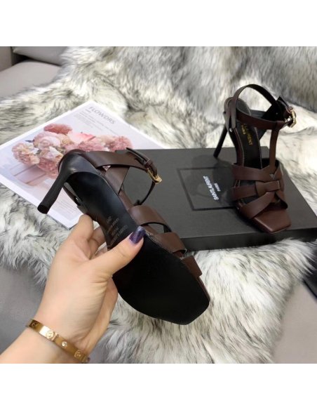 Cheap Reps Saint Laurent Tribute Sandals 105 In Dark Brown Calfskin