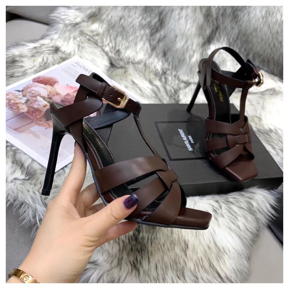 Cheap Reps Saint Laurent Tribute Sandals 105 In Dark Brown Calfskin