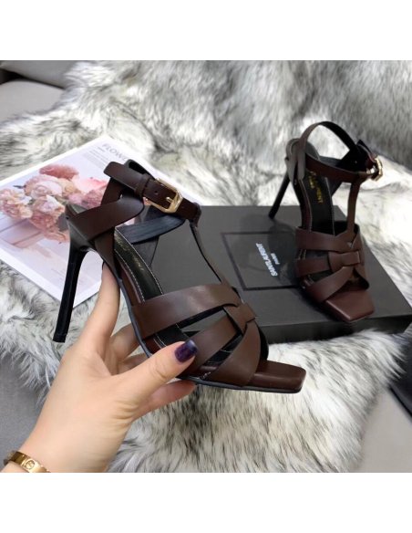 Cheap Reps Saint Laurent Tribute Sandals 105 In Dark Brown Calfskin