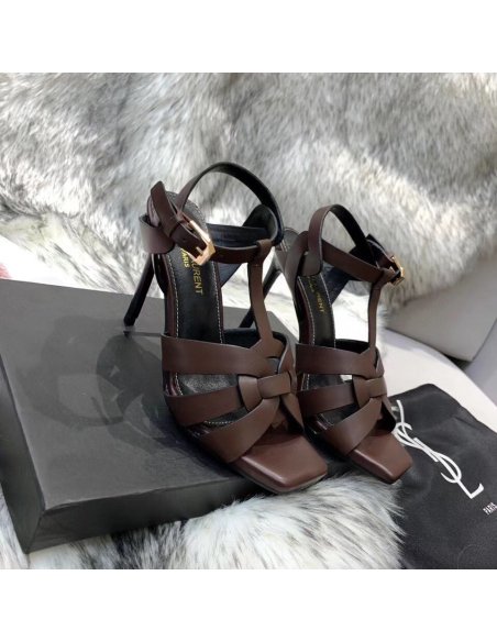 Cheap Reps Saint Laurent Tribute Sandals 105 In Dark Brown Calfskin