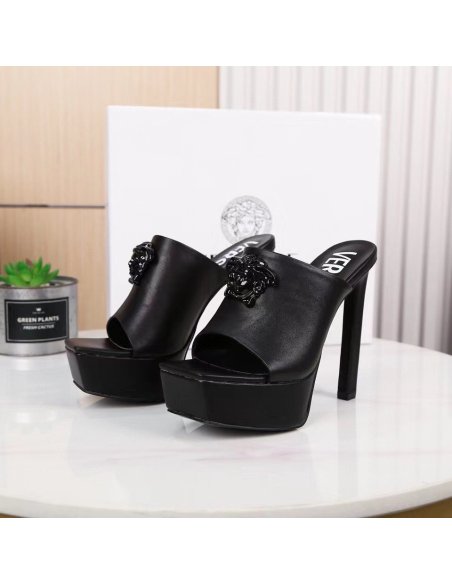 Cheap Reps Versace La Medusa Platform Mules In Black Calfskin