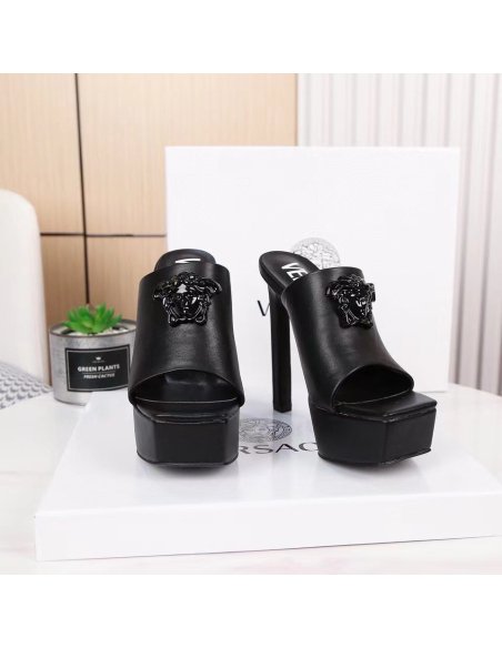 Cheap Reps Versace La Medusa Platform Mules In Black Calfskin