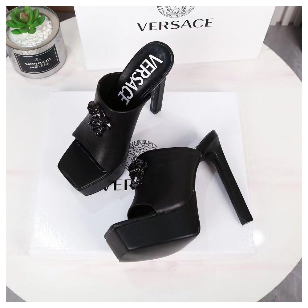 Cheap Reps Versace La Medusa Platform Mules In Black Calfskin