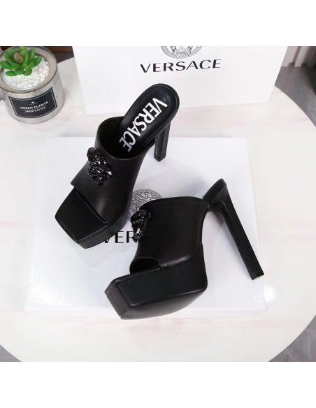 Cheap Reps Versace La Medusa Platform Mules In Black Calfskin