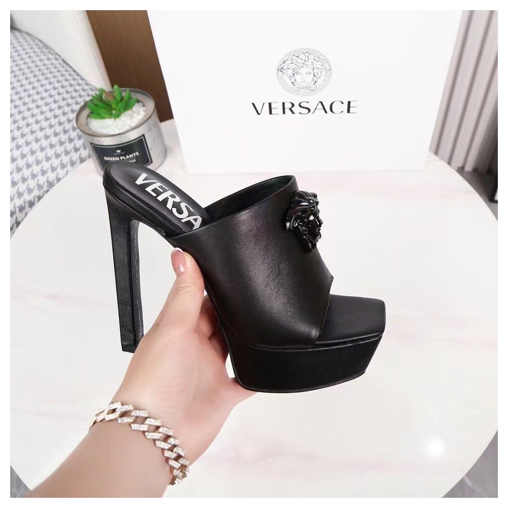 Cheap Reps Versace La Medusa Platform Mules In Black Calfskin