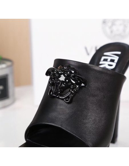 Cheap Reps Versace La Medusa Platform Mules In Black Calfskin