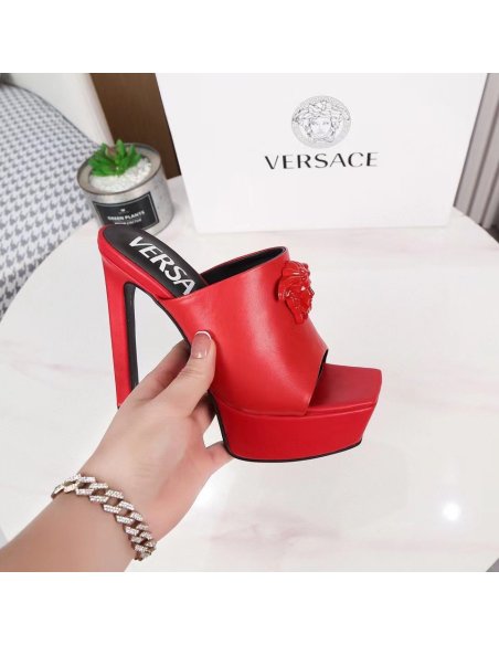 Cheap Reps Versace La Medusa Platform Mules In Red Calfskin