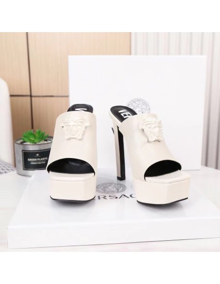 Cheap Reps Versace La Medusa Platform Mules In White Calfskin