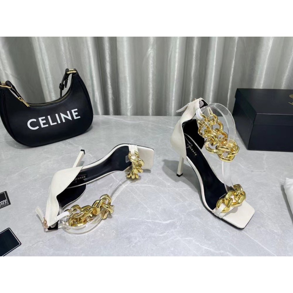 Cheap Reps Versace Medusa Chain Sandals 110mm In White Leather