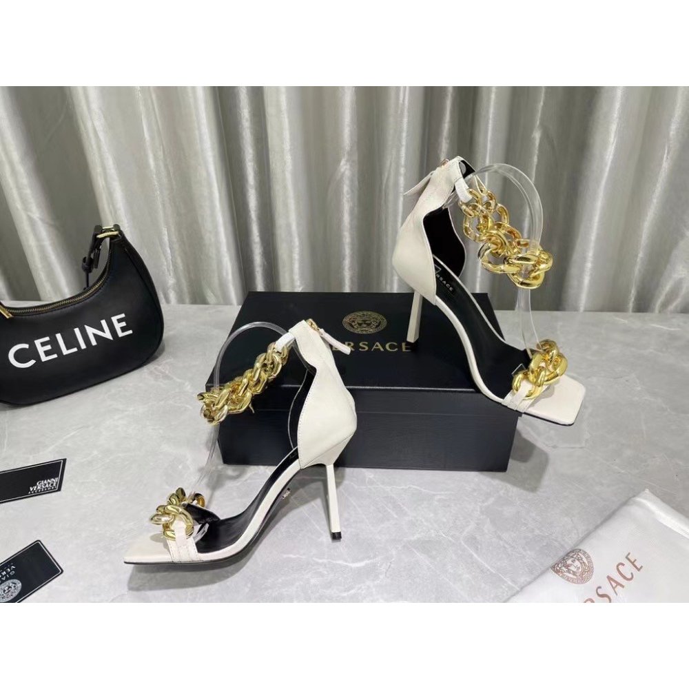 Cheap Reps Versace Medusa Chain Sandals 110mm In White Leather