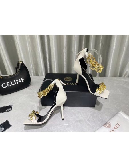 Cheap Reps Versace Medusa Chain Sandals 110mm In White Leather