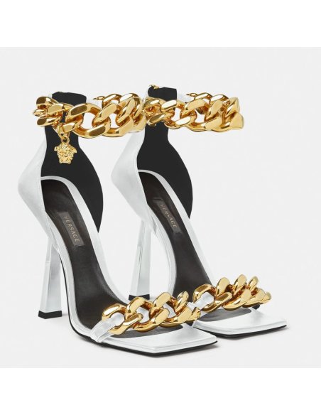 Cheap Reps Versace Medusa Chain Sandals 110mm In White Leather