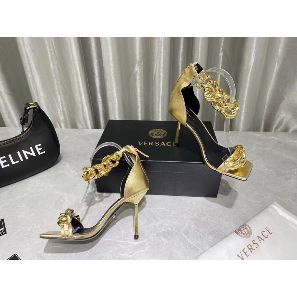 Cheap Reps Versace Medusa Chain Sandals 110mm In Gold Leather