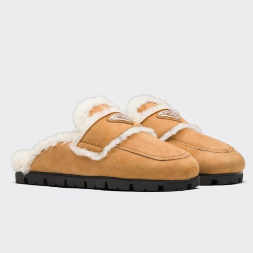 Cheap Reps Prada Womens Slippers In Tan Shearling