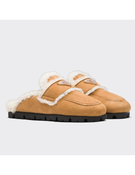 Cheap Reps Prada Womens Slippers In Tan Shearling