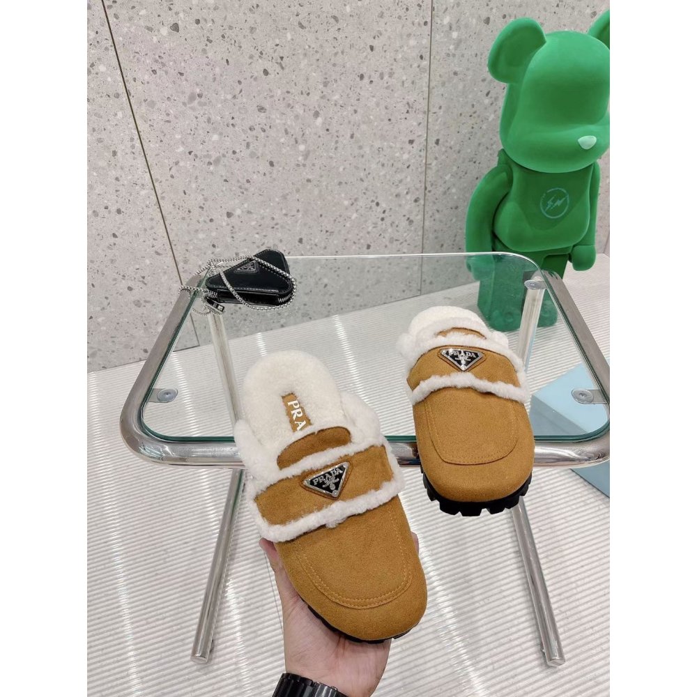 Cheap Reps Prada Womens Slippers In Tan Shearling
