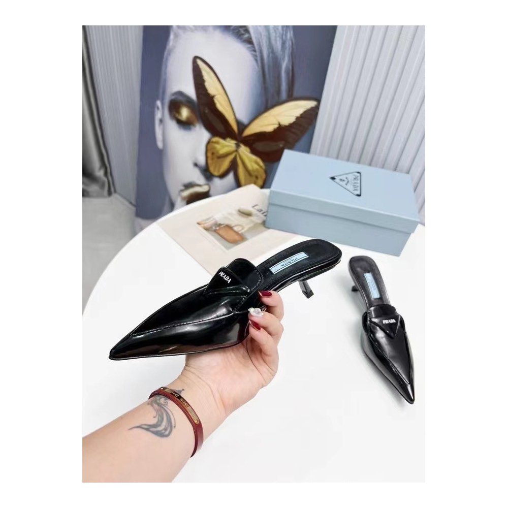 Cheap Reps Prada Sabots Mules In Black Brushed Leather