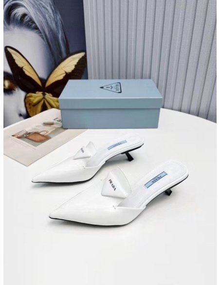 Cheap Reps Prada Sabots Mules In White Brushed Leather