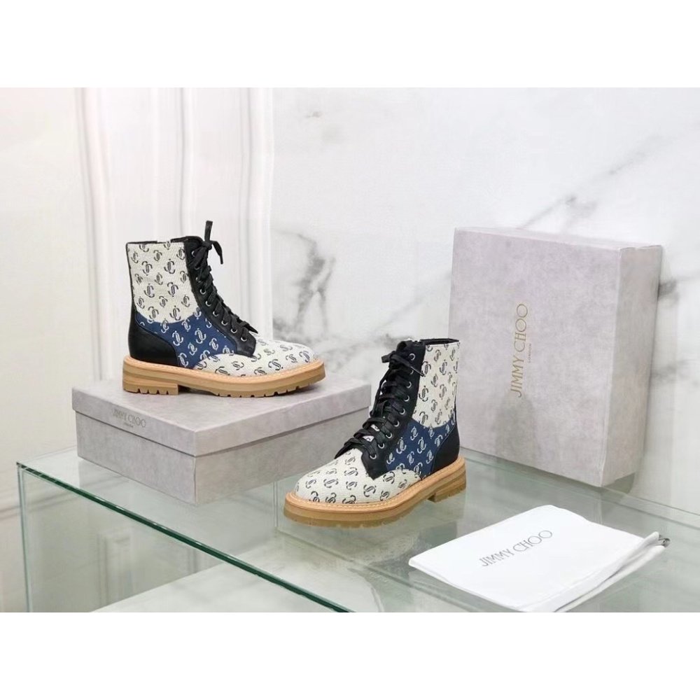 Cheap Reps Jimmy Choo Cora Flat Combat Boots In Monogram Jacquard