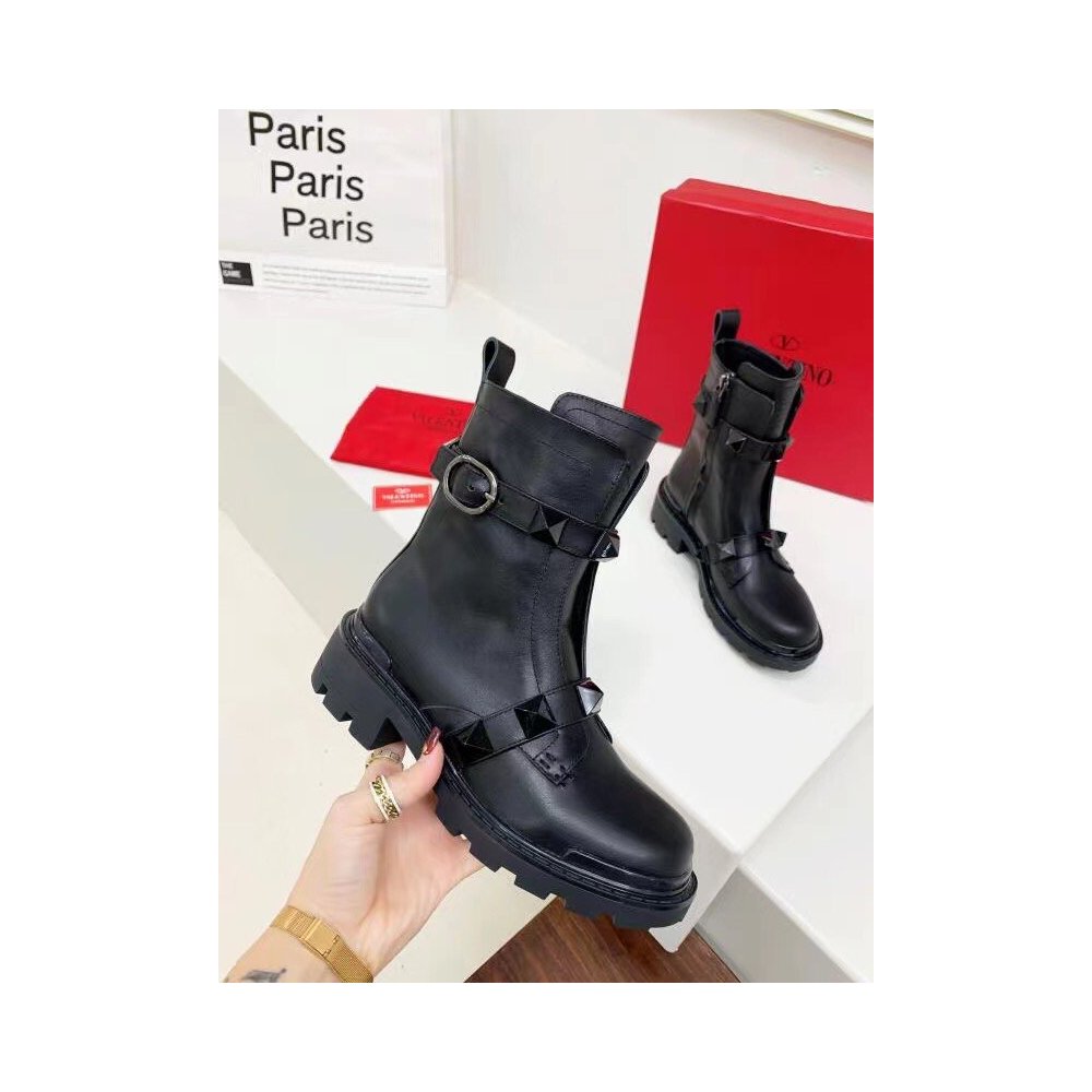 Cheap Reps Valentino Black Roman Stud Combat Boots with Tonal Studs